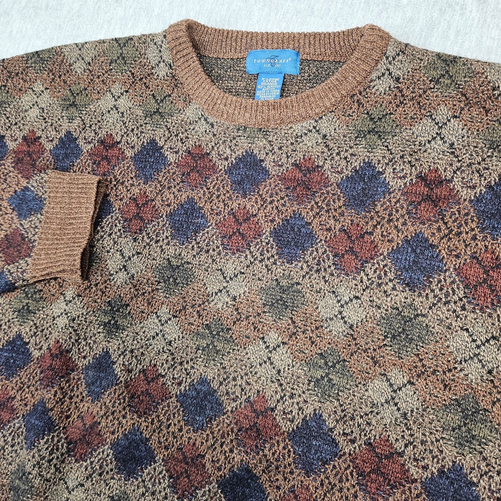 Vintage TownCraft Sweater Mens XL Brown Argyle Open-Knit Acrylic Pullover